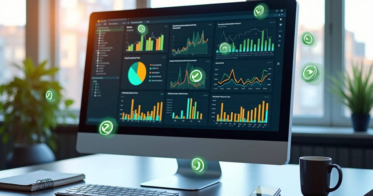 Tela de computador exibindo interface do Power BI com gráficos e dados integrados ao WhatsApp, com ícones de mensagem e análise de dados ao redor 