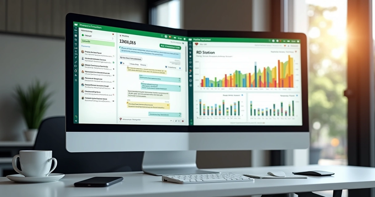 Interface de computador com WhatsApp e RD Station lado a lado em tela dividida, mostrando fluxo de mensagens automáticas e gráficos de crescimento de leads 