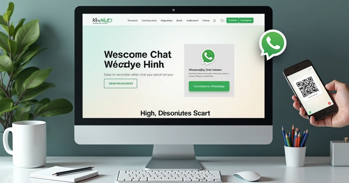 Tela de computador com site integrando botão de WhatsApp e QR code digital.