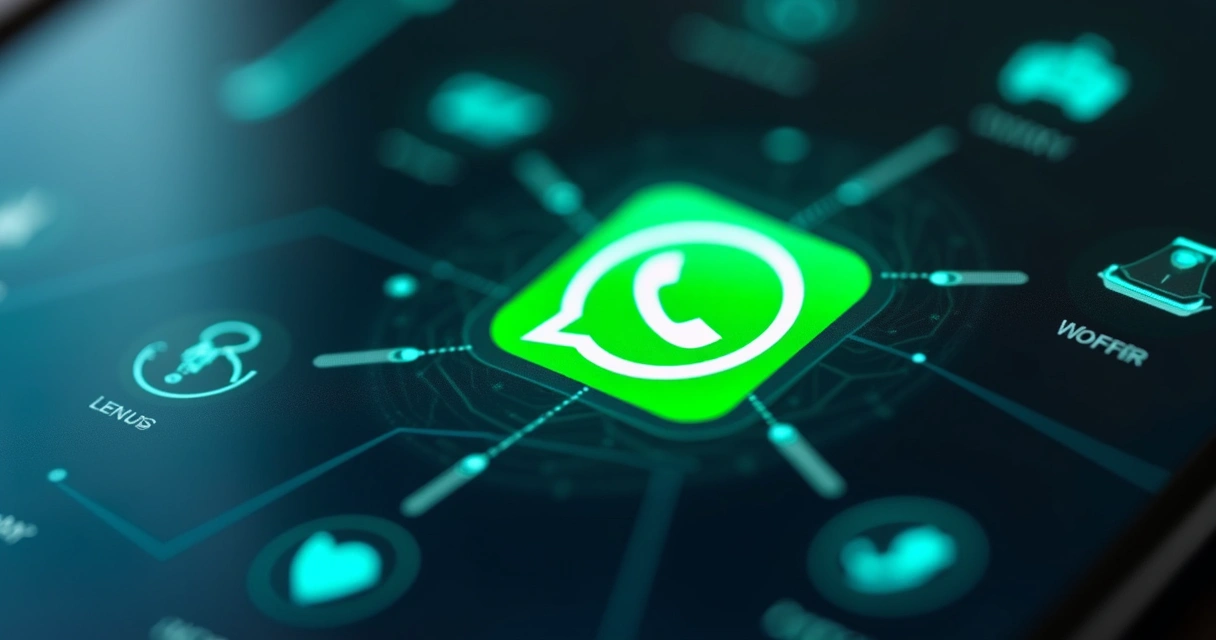 Integração entre telefone fixo e WhatsApp, com ícones ligados por linhas em tela digital moderna 