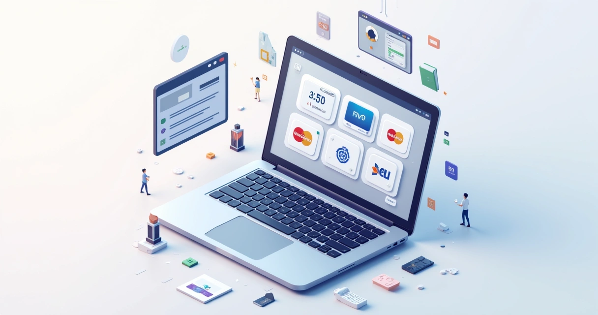 Ilustração de tela de notebook exibindo software white-label com várias bandeiras e métodos de pagamento. 