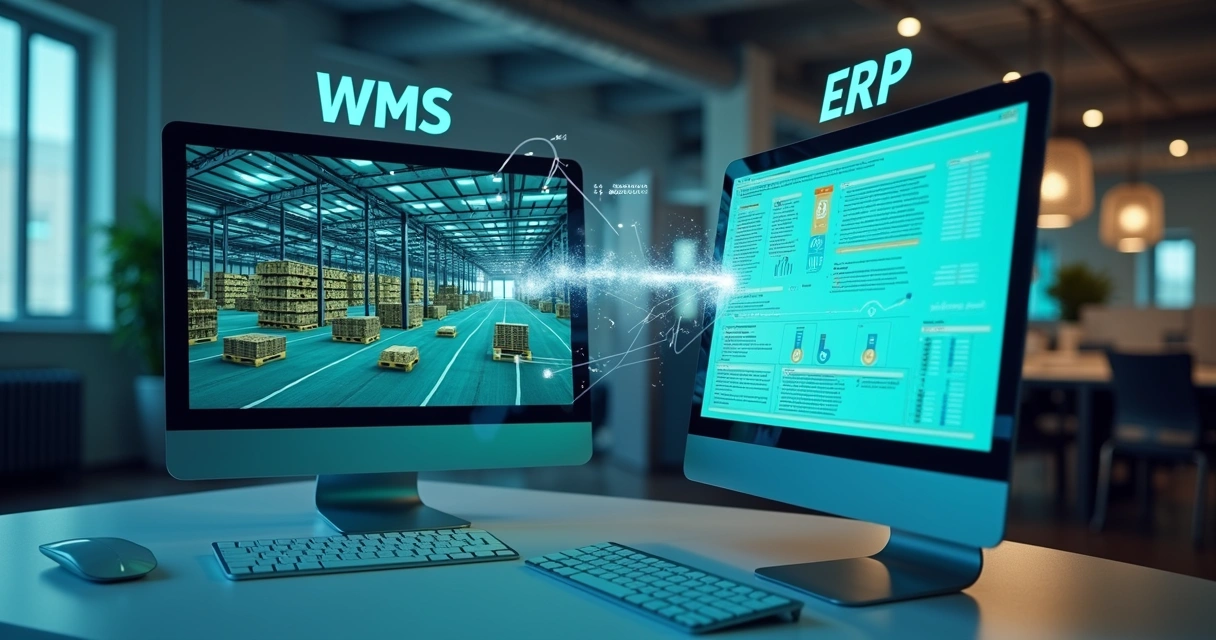 Representação visual da integração entre WMS e ERP com dados fluindo 