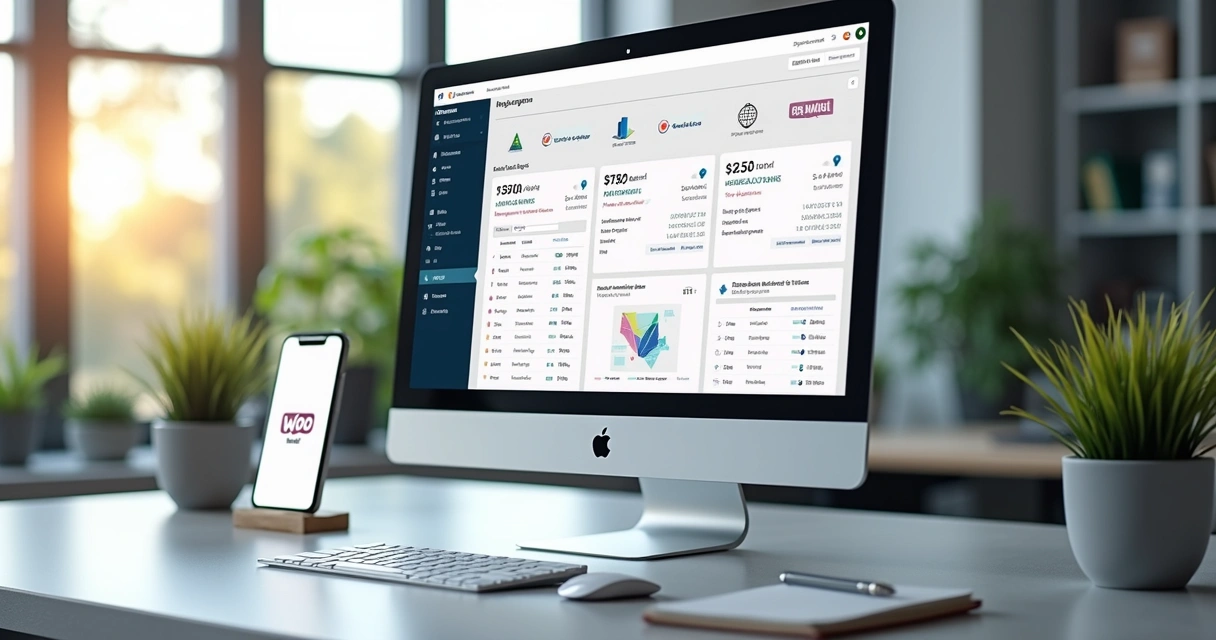 Tela de computador mostrando painel de controle de integração entre WooCommerce e Mercado Livre com gráficos e listas de produtos sincronizados
