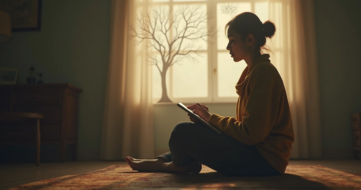 Persona sentada reflexionando en silencio tras una constelación sistémica. 