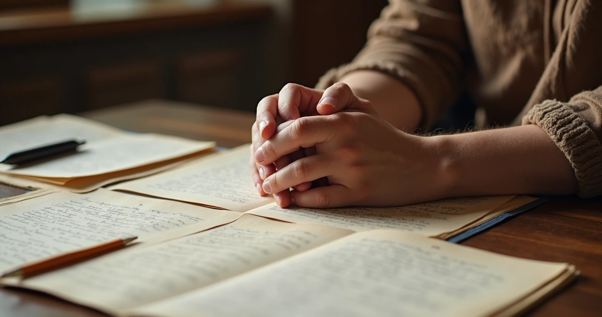 Manos entrelazadas sobre una mesa con hojas escritas, reflejando integración y reflexión personal
