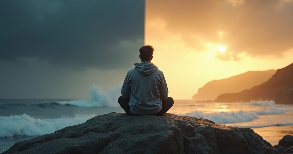 Persona sentada integrando emociones en medio de un paisaje dividido entre tormenta y calma 