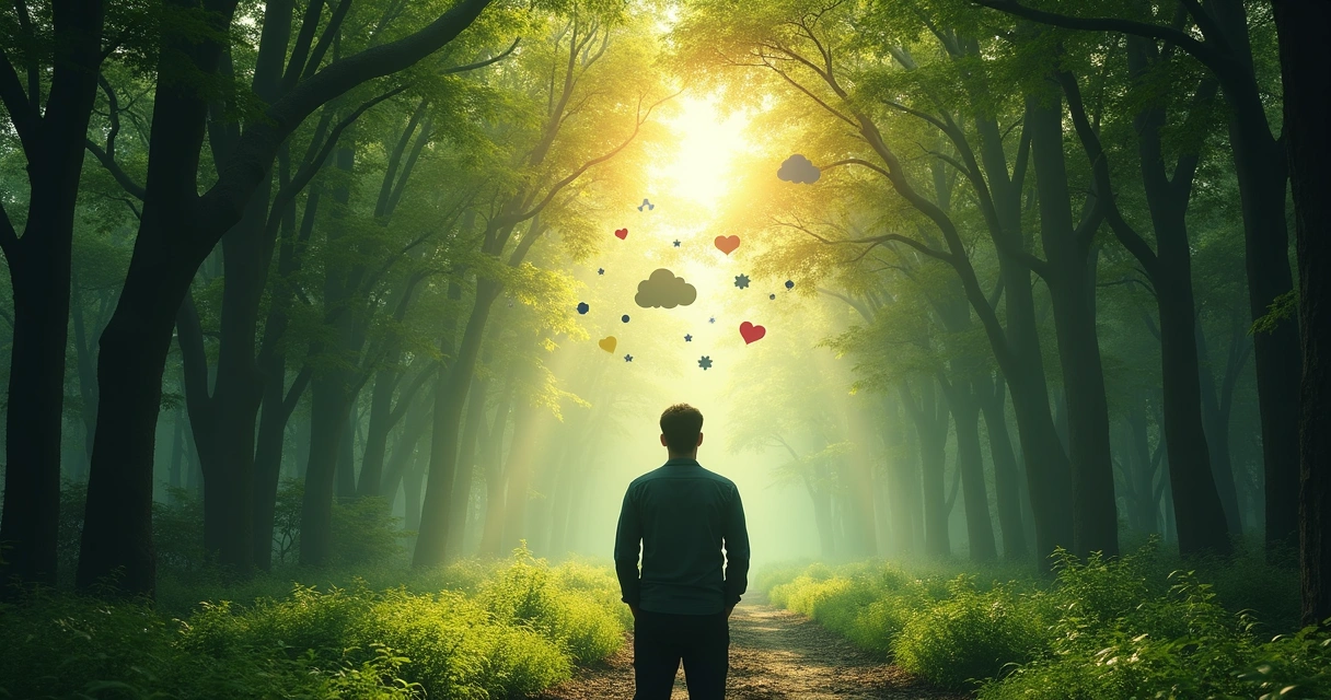 Dos caminos en el bosque, una persona pensando y símbolos emocionales flotando 