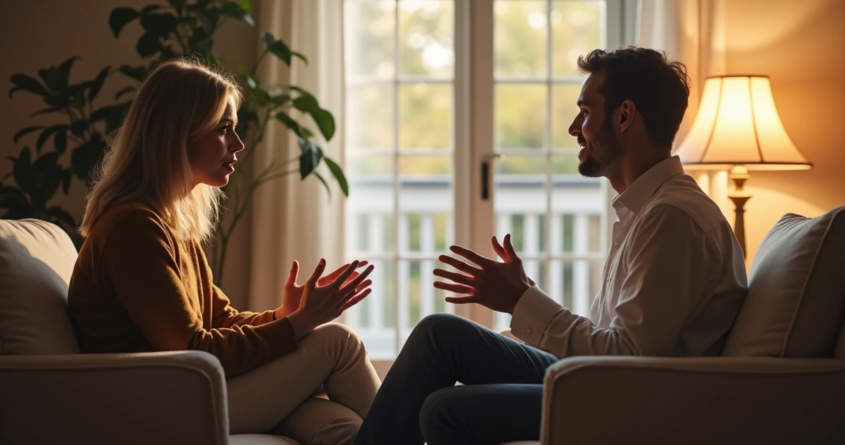 Dos personas conversando abiertamente en una sala cálida