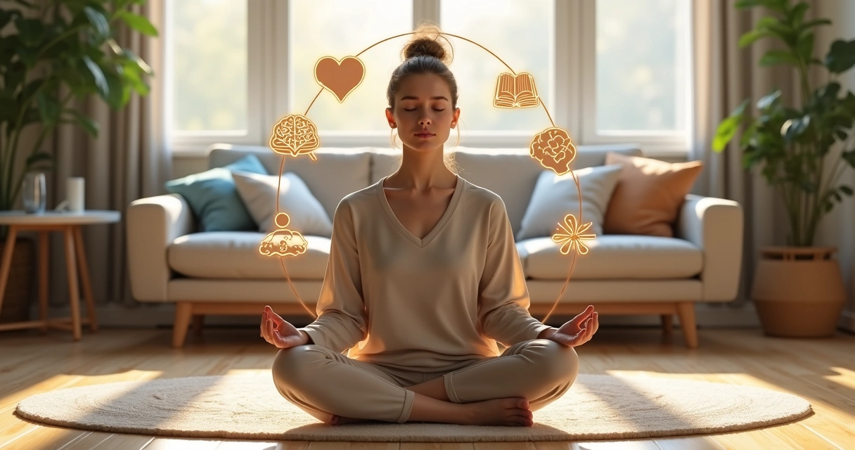 Persona meditando en sala iluminada con iconos sutiles de hábitos alrededor 