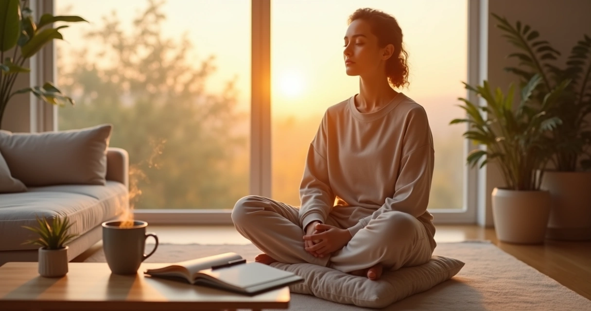 Persona sentada meditando frente a una ventana con un cuaderno abierto y luz suave de amanecer 