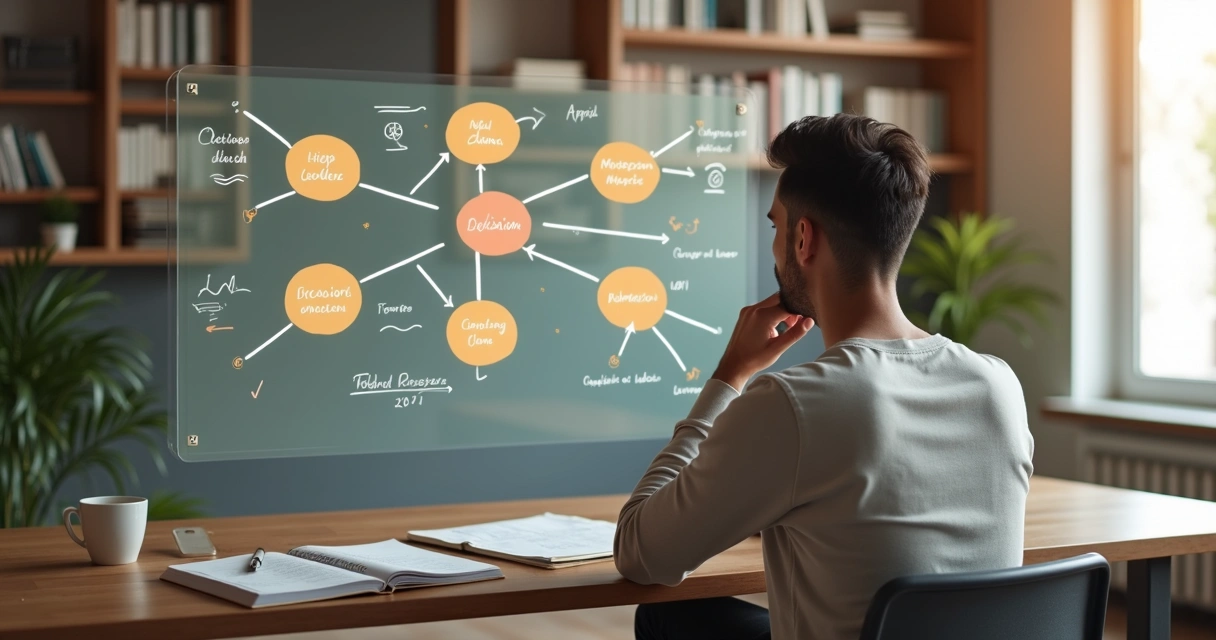 Persona reflexionando frente a un tablero que conecta emociones con decisiones 