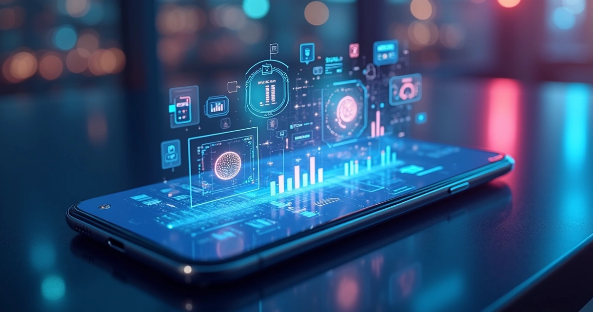 Pantalla de app móvil con gráficos de IA integrados