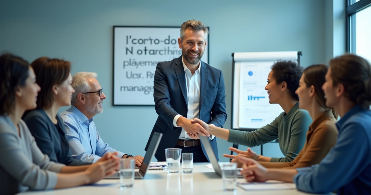 Escena de bienvenida a un nuevo líder en una reunión profesional 