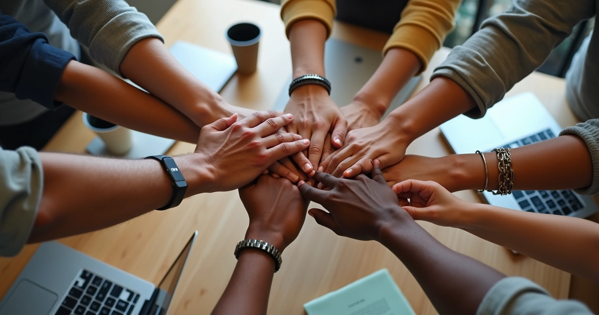 Manos de diferentes personas unidas en el centro de una mesa