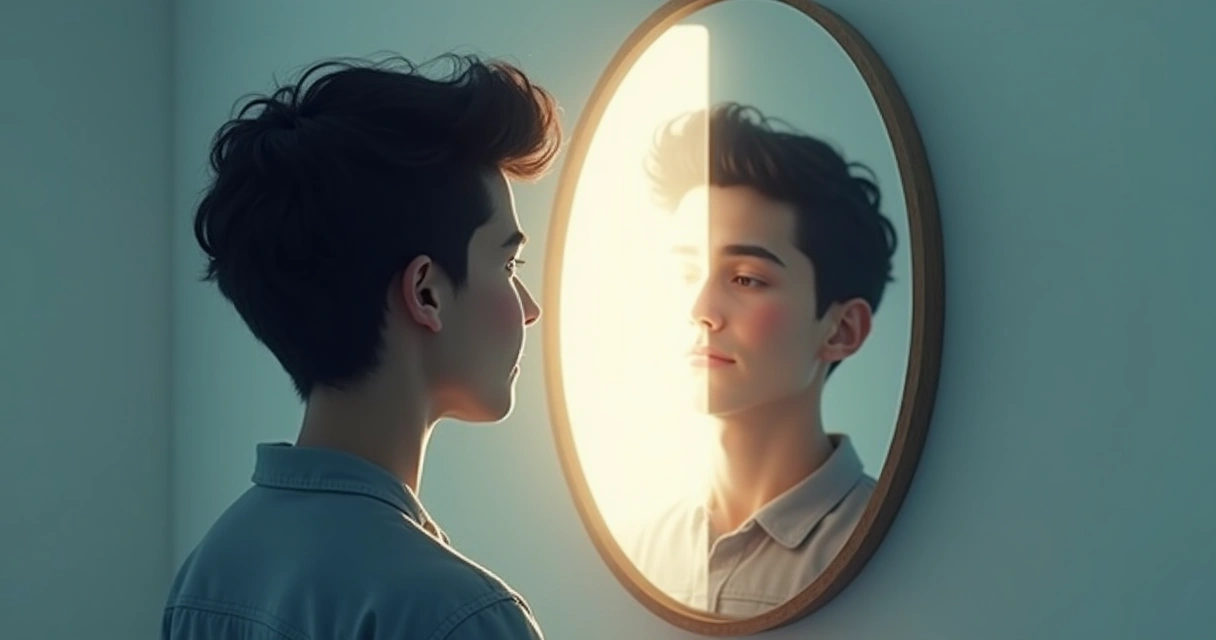 Ilustración de una persona mirando su reflejo en un espejo, donde la sombra y la luz forman parte de su rostro, en un entorno equilibrado 