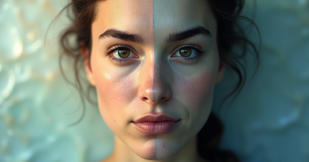 Rostro dividido mostrando integración emocional luminosa y represión emocional oscura 