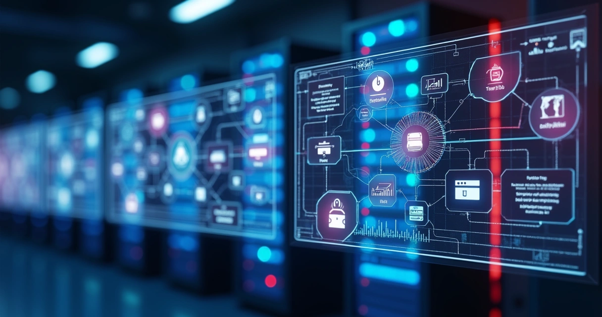 Múltiplas telas digitais exibindo integrações de API de pagamentos com fluxos automatizados e gráficos de dados financeiros 