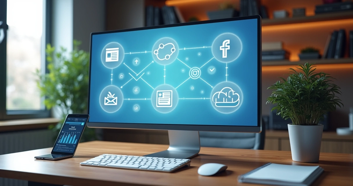 Painel de automação de conteúdo mostrando integrações entre várias plataformas digitais 