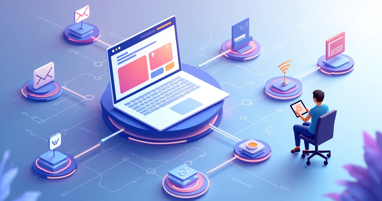 Conexões de integrações avançadas saindo de um site em tela flutuante 