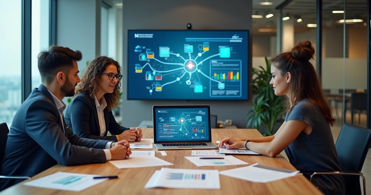 Equipe contábil analisando integrações de sistemas em painel digital 