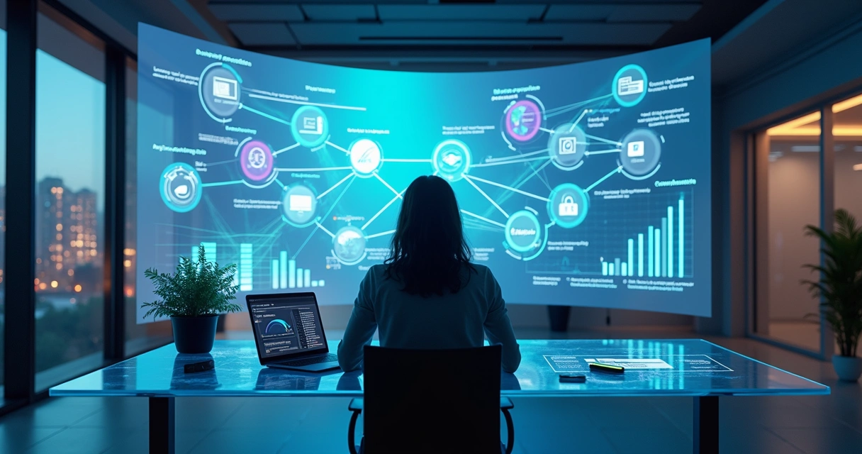 Profissional conecta diversas integrações digitais em painel futurista 