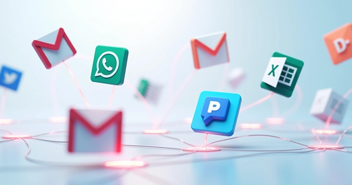 Vários logotipos de aplicativos conectados por linhas coloridas representando integrações 