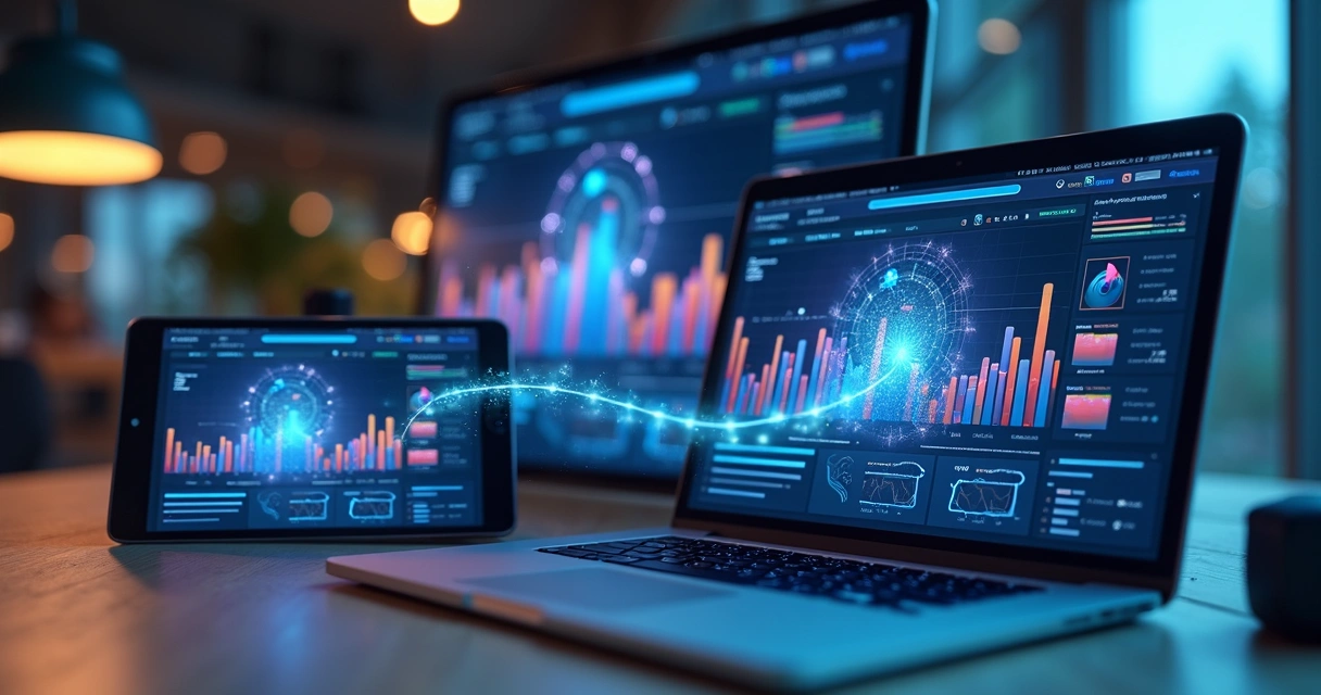 Interfaces digitais conectadas exibindo integrações omnichannel com ícones de aplicativos e fluxos de dados 