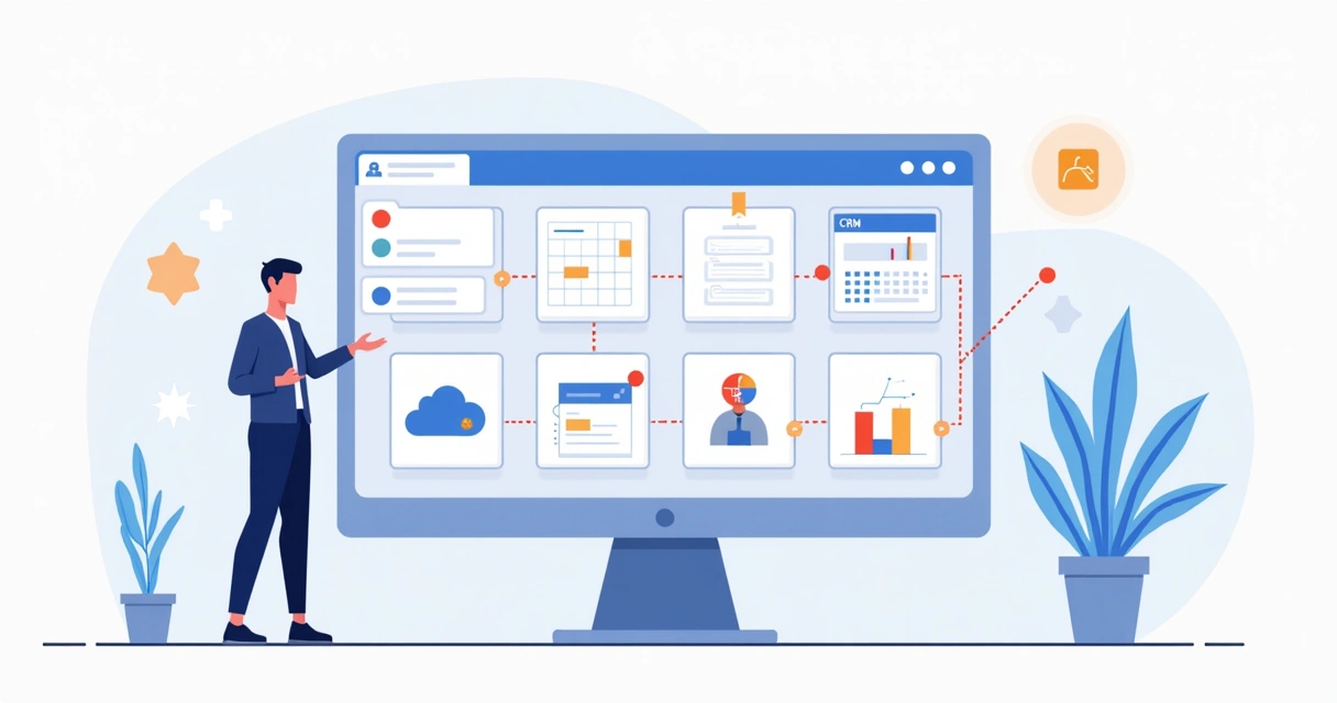 Dashboard com múltiplas integrações exibindo LinkedIn, Google Calendar e CRM
