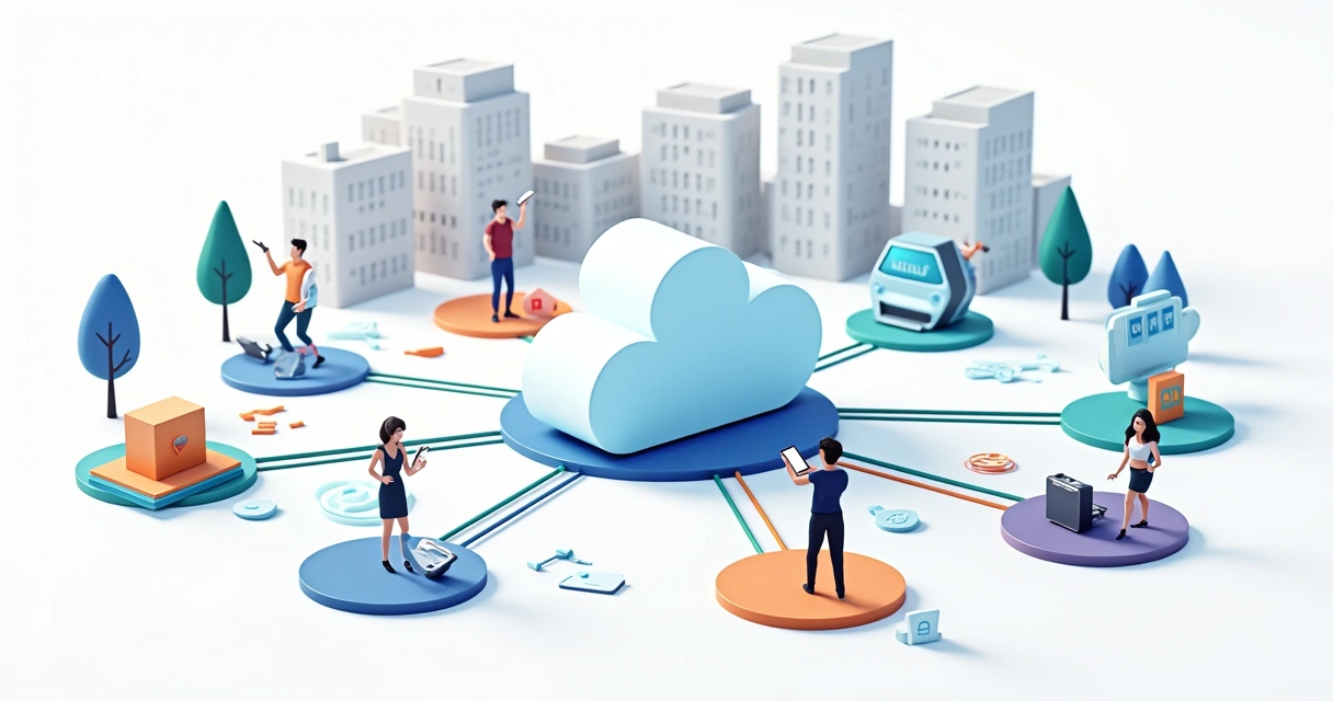 Fluxos digitais conectando sistemas de condomínio em ilustração corporativa 