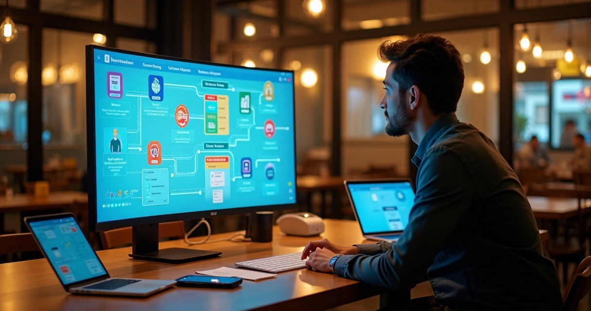 Gestor de delivery analisa integrações de apps em painel com celular e computador 
