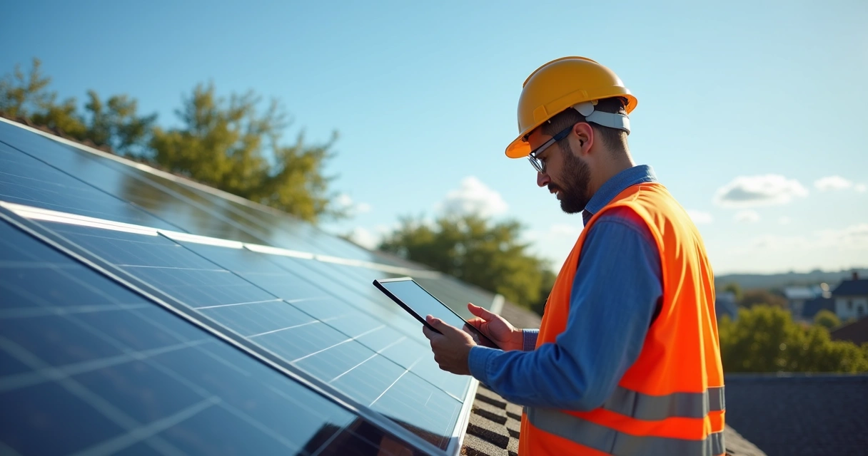 Integrador conferindo instalação de painel solar em telhado durante o dia 