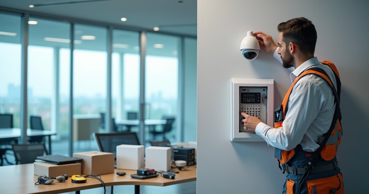 Integrador instalando alarme e câmera de segurança em ambiente corporativo 