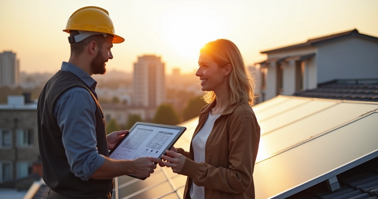 Integrador inspecionando telhado com cliente para energia solar 