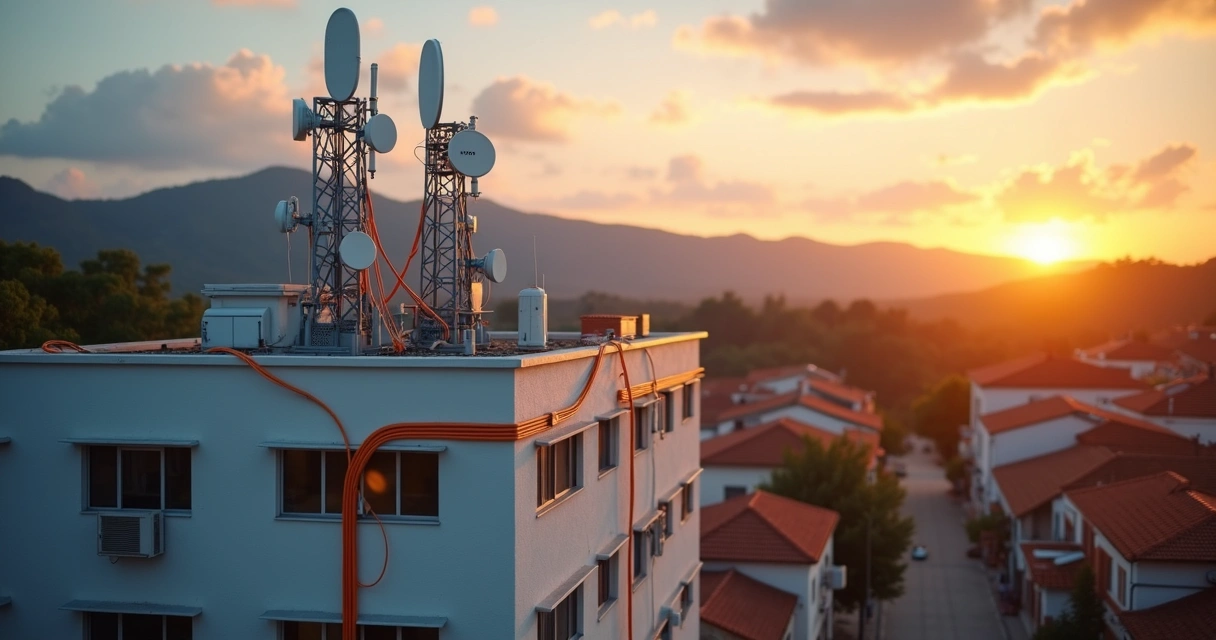 Antenas 5G em telhado de prédio comercial pequeno em cidade do interior com cabos de fibra óptica 