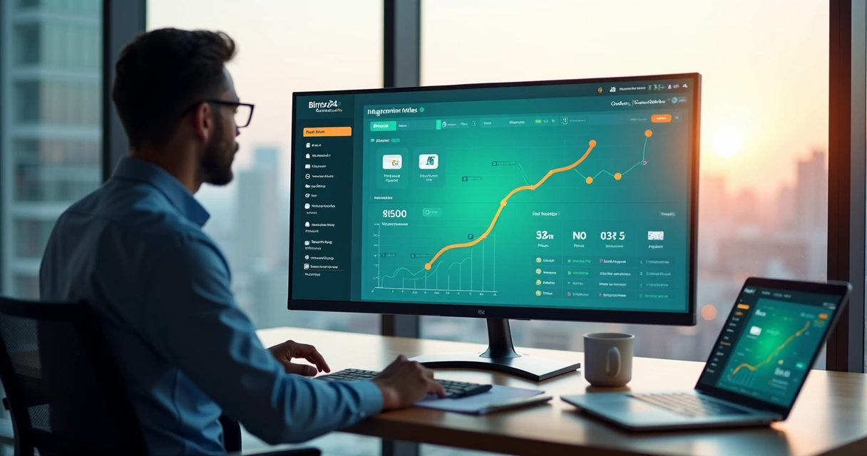 Gestor analisando painel integrado do Bitrix24 com Integrai em tela ampla de computador 