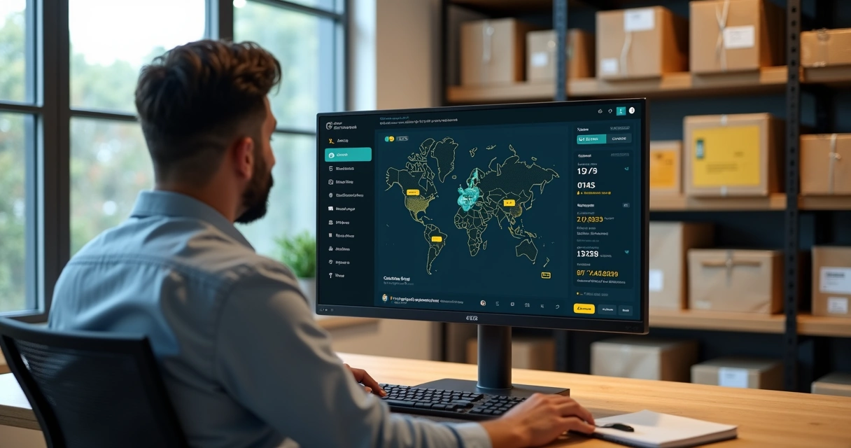 Gestor acompanhando rastreamento de encomendas dos Correios em painel de logística integrado 
