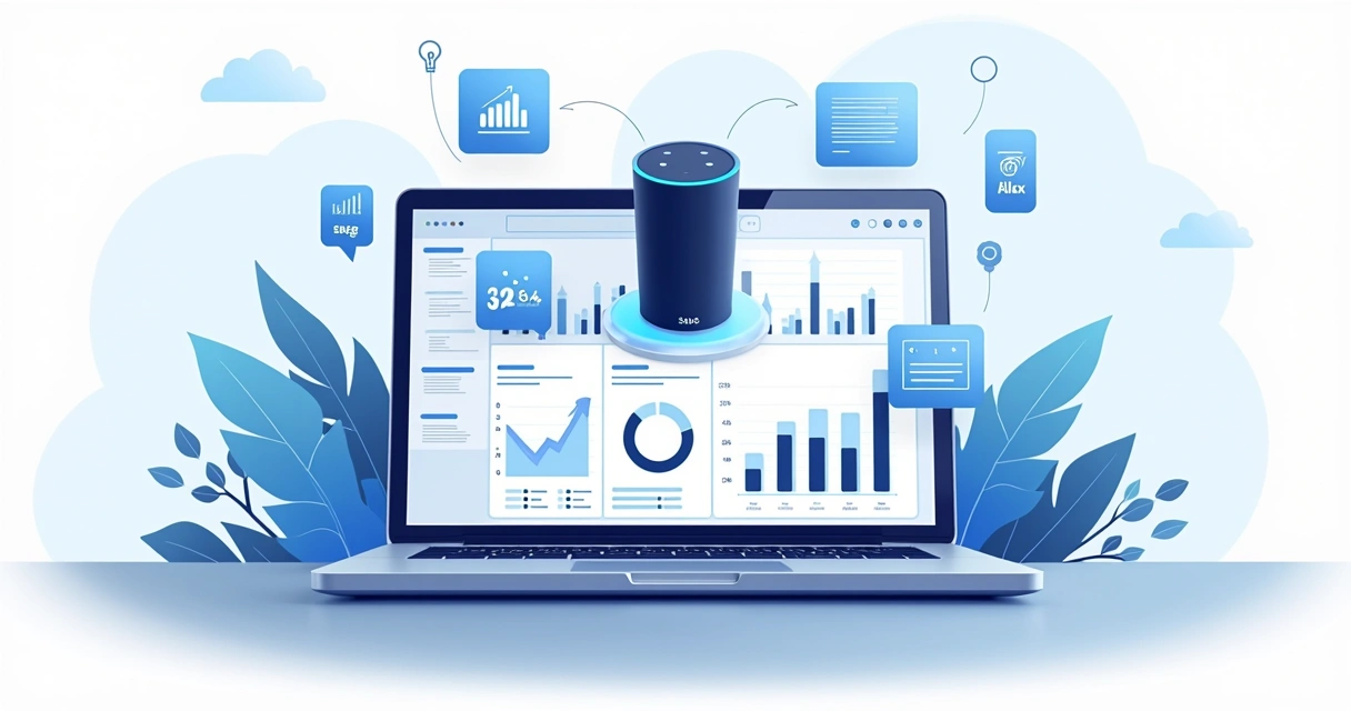 Ilustração corporativa flat mostrando a integração de uma skill Alexa em um software SaaS com elementos de produtividade e engajamento 