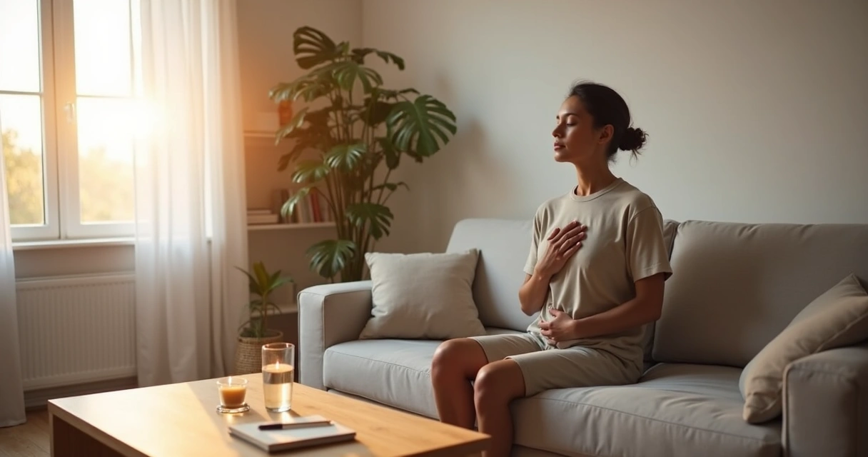 Pessoa sentada em casa respirando profundamente com expressão serena 