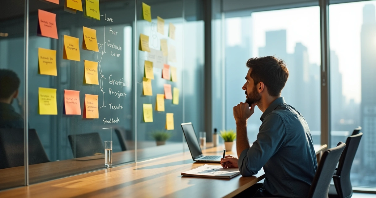 Profissional em escritório refletindo com post its coloridos conectando trabalho e emoções 