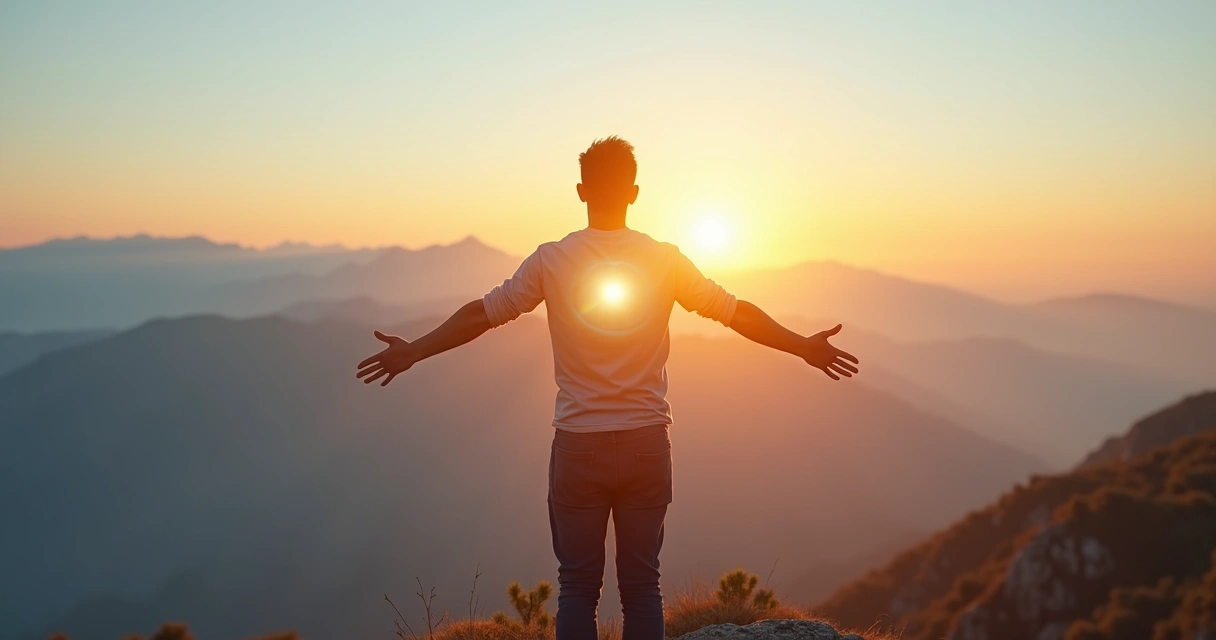 Pessoa em pé no topo de montanha com luz no peito conectando mente e coração 