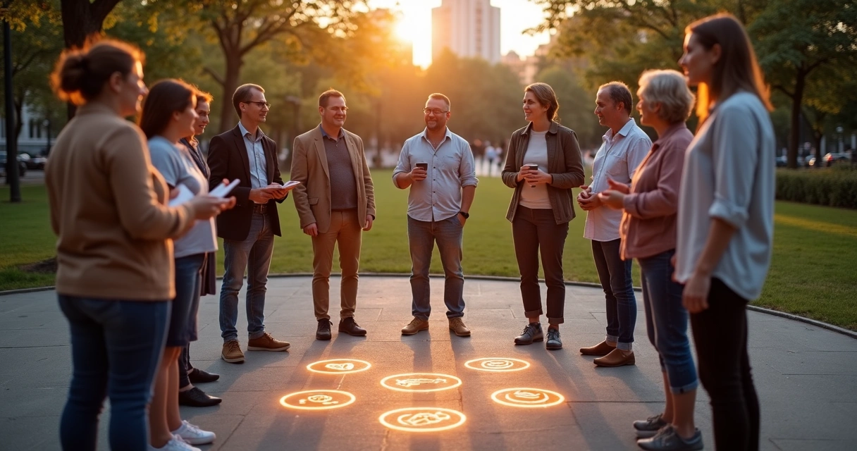 Personas en círculo conectando valores internos con acciones en la vida social 