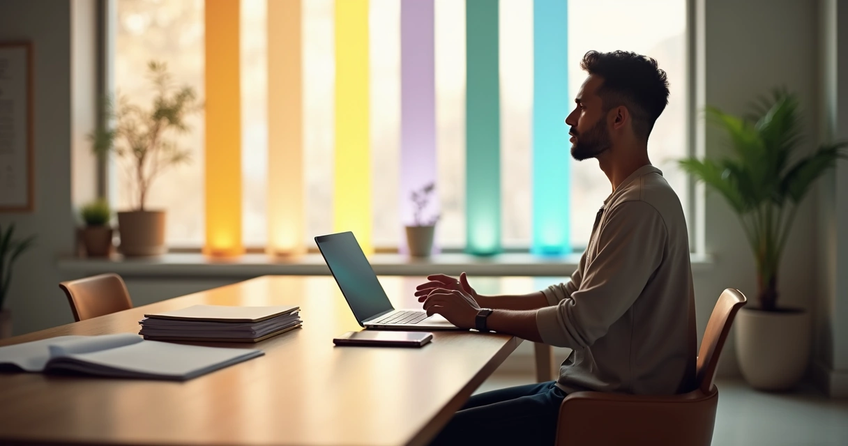 Person at desk choosing between options with five luminous pillars behind 