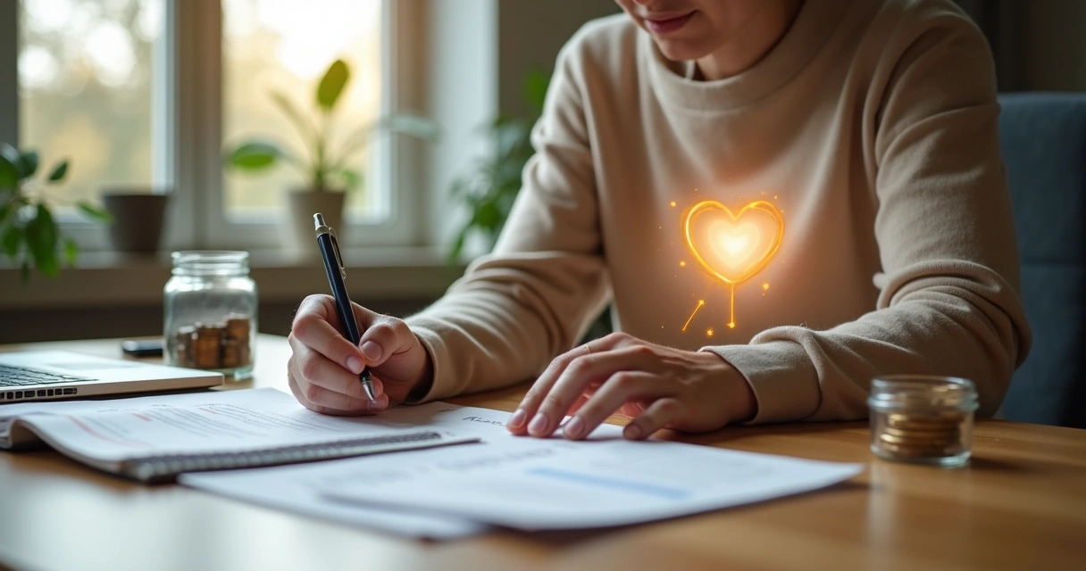 Person calmly reviewing finances with glowing connection between mind heart and hands 