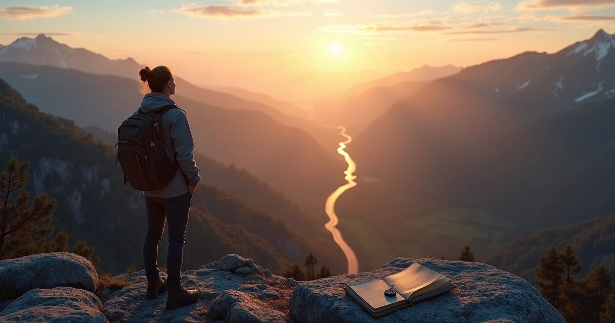 Person on mountain pass overlooking three subtly lit paths in the valley 
