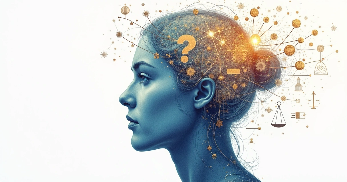 Drawing of a human head filled with science and philosophy symbols 