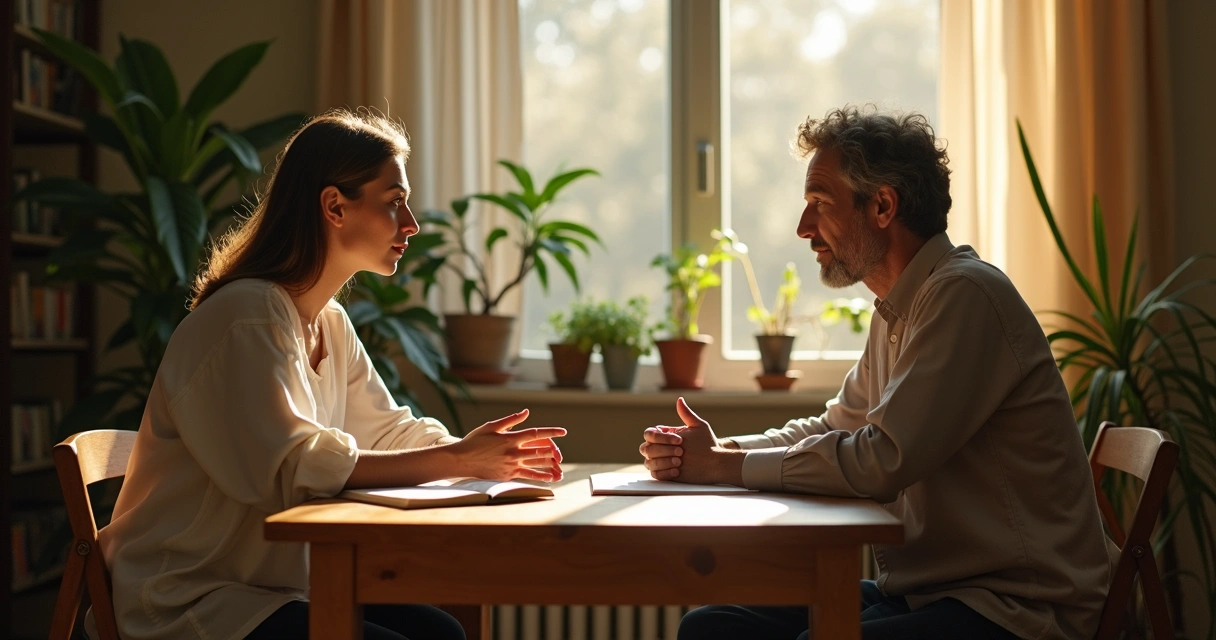Two people having a calm conversation across a wooden table, each reflecting thoughtfully 