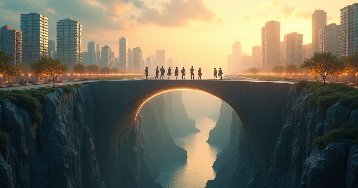 City bridge formed by interlocking human silhouettes connecting divided landscape 