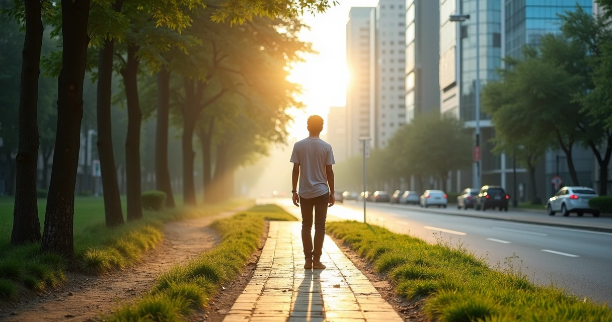 Person standing between nature path and city street aligning daily choices with inner values 
