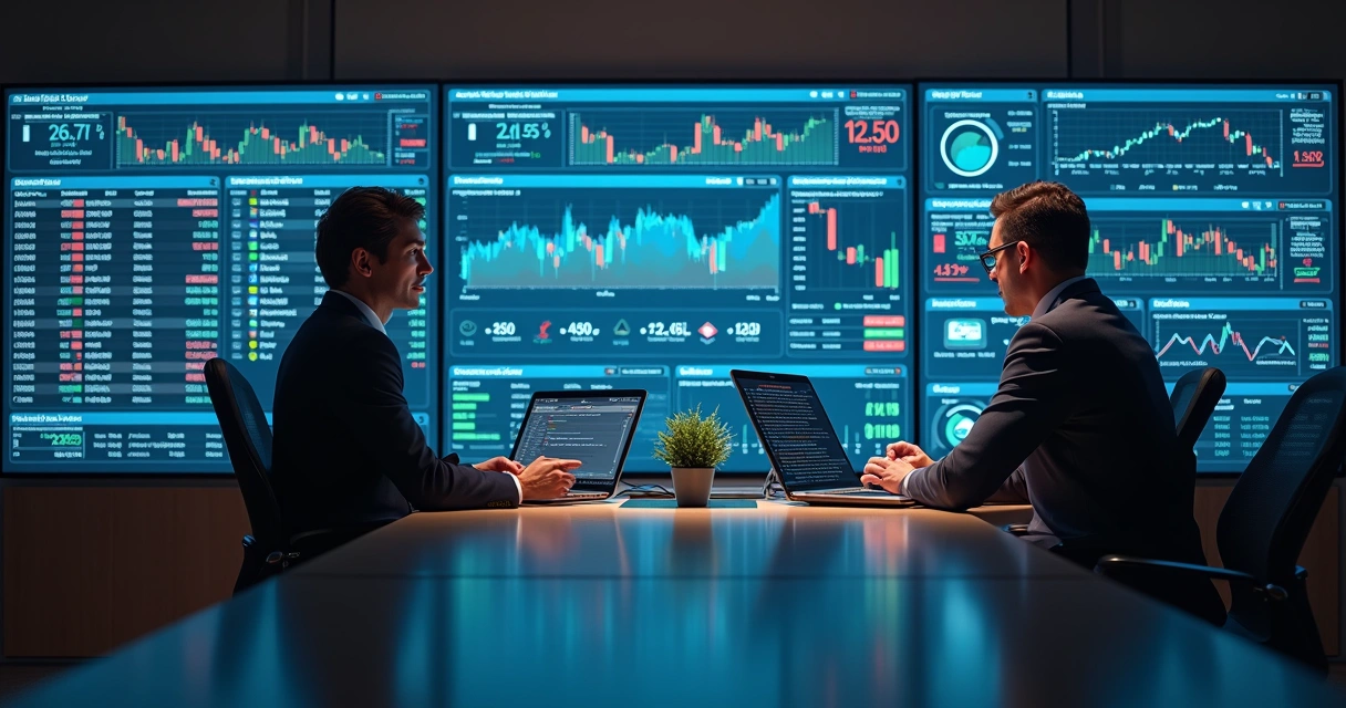 Digital dashboard with commodity, currency, and risk graphs for business decision making