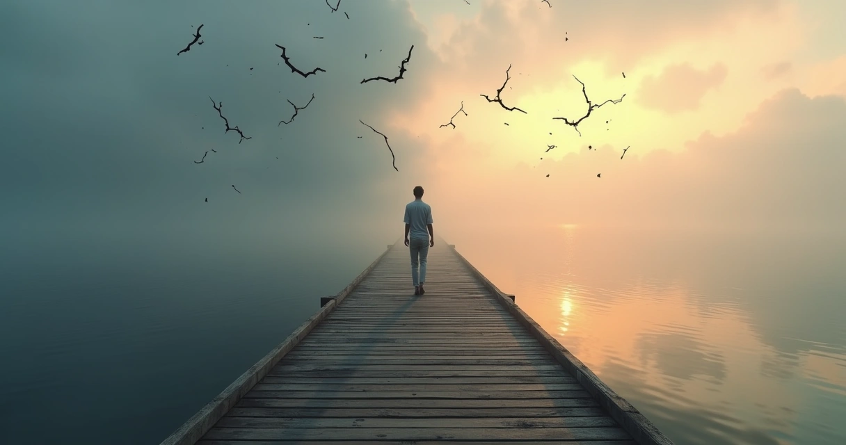 Person walking across a bridge from darkness into soft sunrise light 